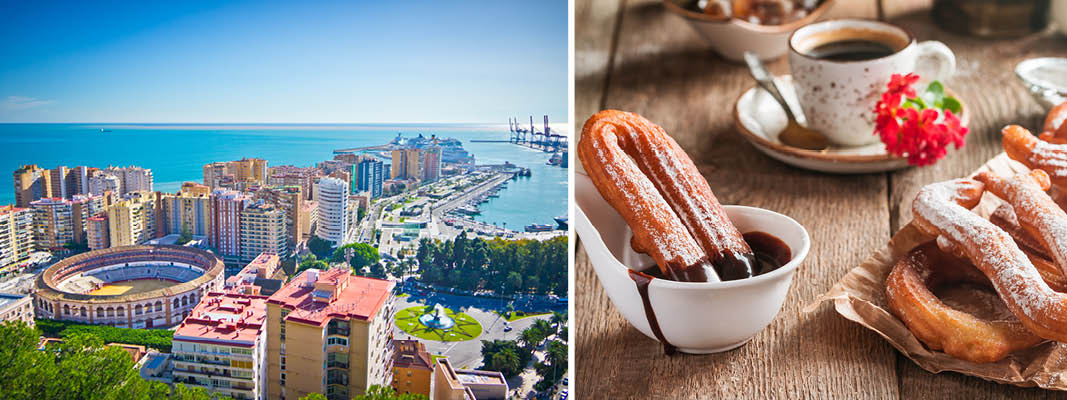 Panoramaudsigt over Malaga og de populære Churros også kaldet
